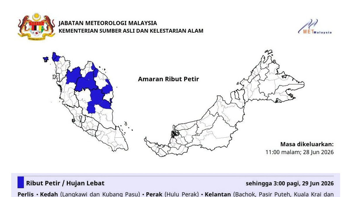 MetMalaysia Alert: Thunderstorms and Heavy Rain Expected Across Six States Until Early Morning