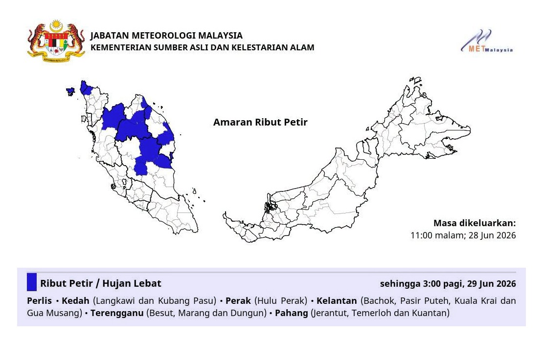 MetMalaysia Alert: Thunderstorms and Heavy Rain Expected Across Six States Until Early Morning