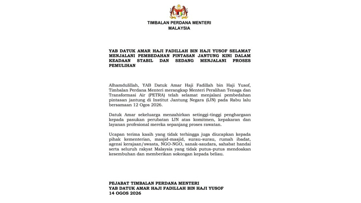 Deputy PM Fadillah in Good Recovery Following Heart Bypass Surgery