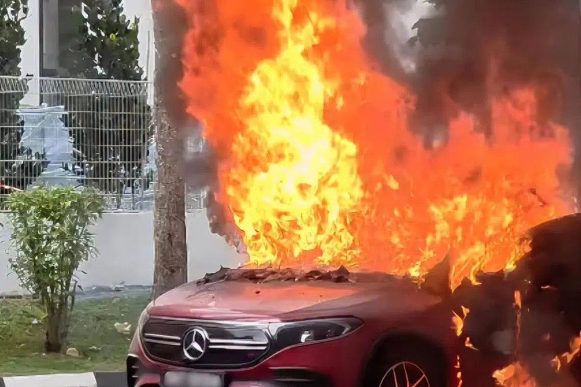 Electric vehicle erupts in flames at Woodlands HDB carpark; driver escapes unhurt