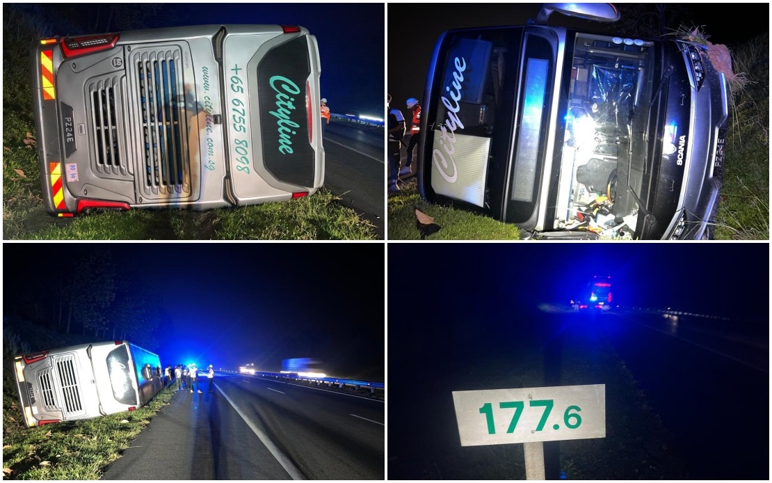 Three Injured After Tour Bus Overturns on North-South Expressway in Jasin