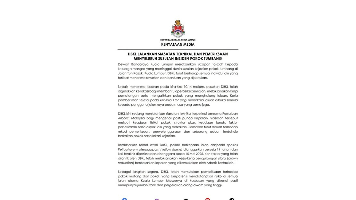 DBKL and Arborists Launch Joint Investigation Into Fatal Tree Collapse on Jalan Tun Razak