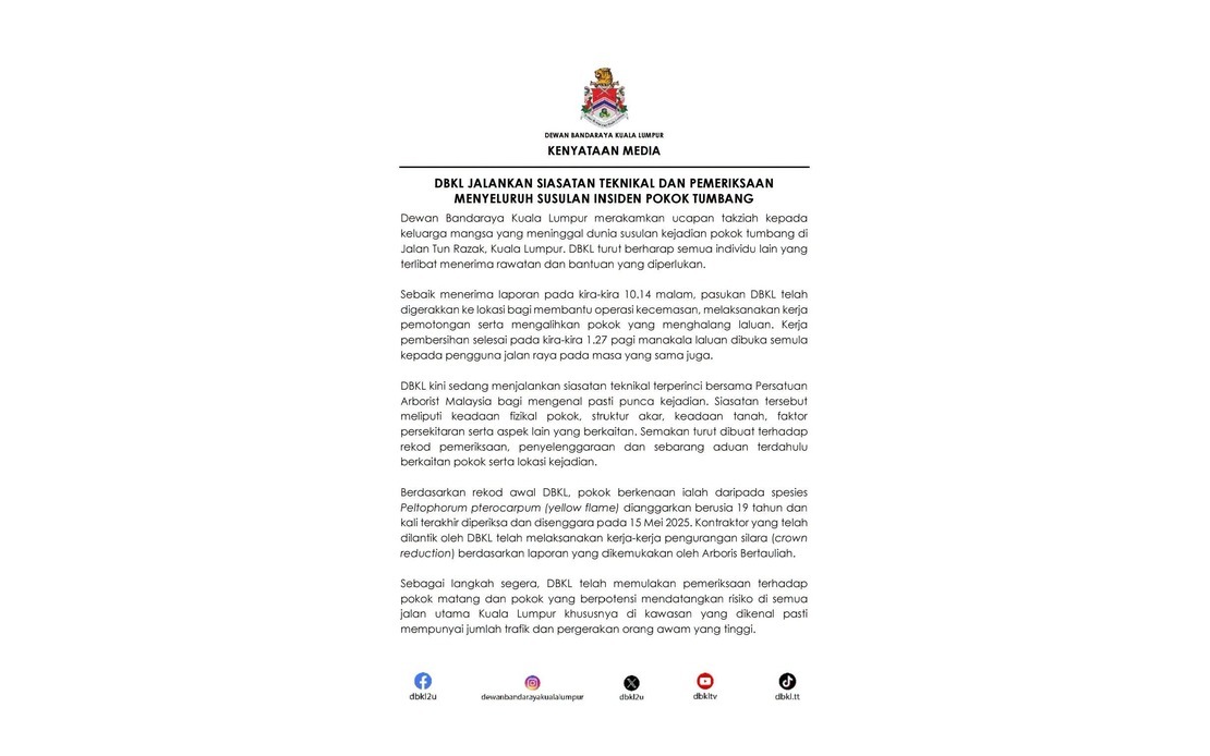 DBKL and Arborists Launch Joint Investigation Into Fatal Tree Collapse on Jalan Tun Razak