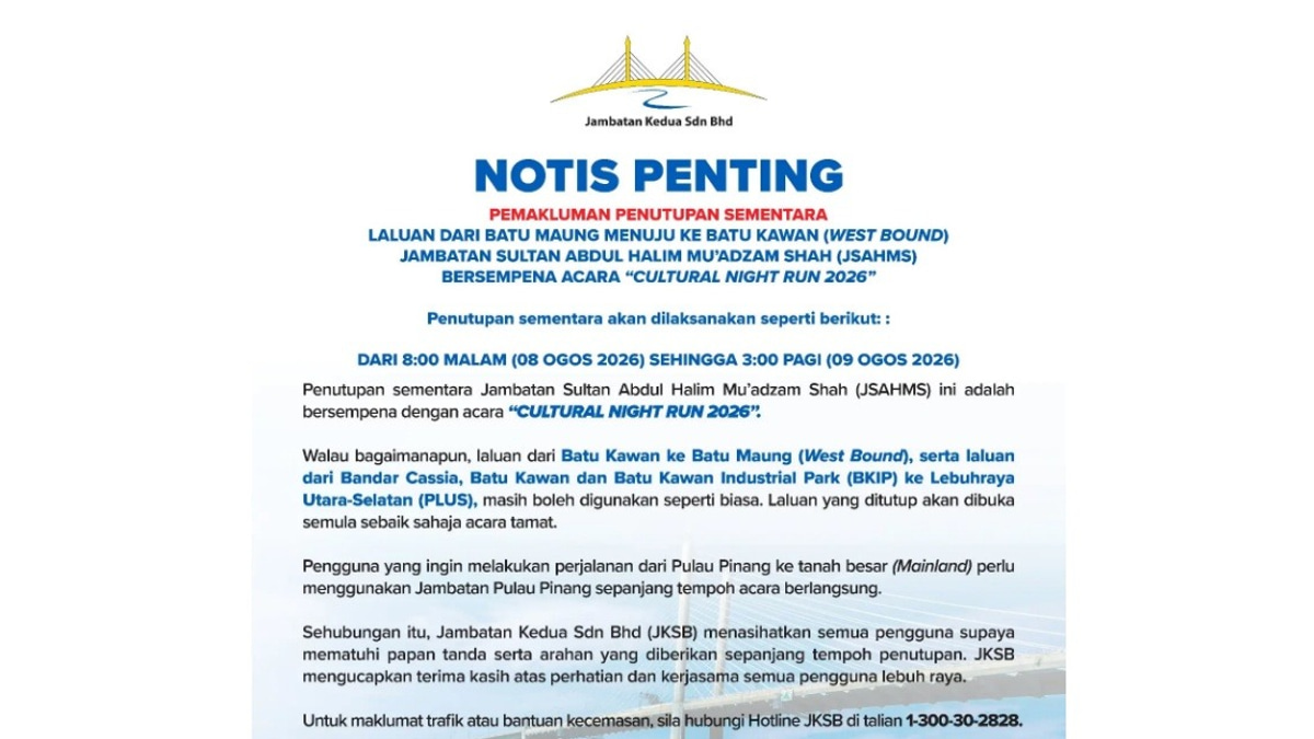 Second Penang Bridge's Westbound Carriageway to Shut for Cultural Night Run 2026