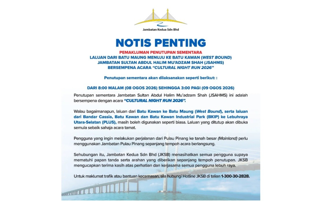 Second Penang Bridge's Westbound Carriageway to Shut for Cultural Night Run 2026