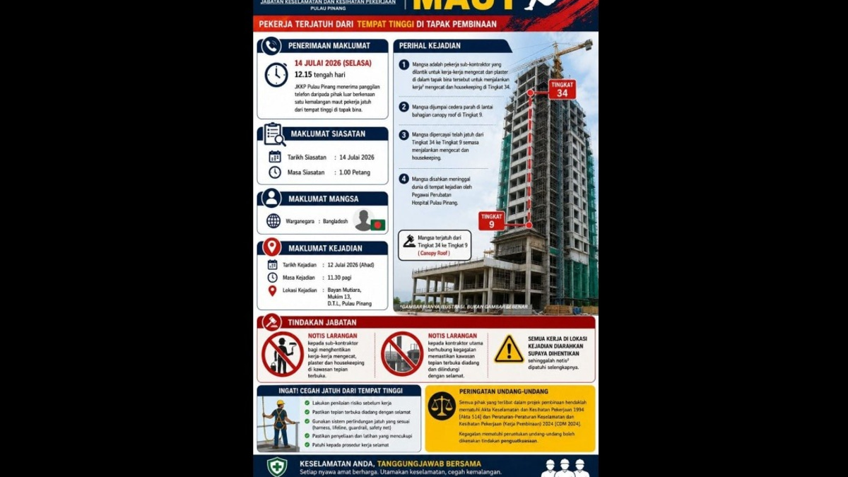 Penang DOSH Investigates Death of Bangladeshi Worker After 25-Floor Fall at Bayan Mutiara Site