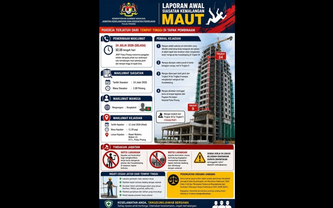 Penang DOSH Investigates Death of Bangladeshi Worker After 25-Floor Fall at Bayan Mutiara Site